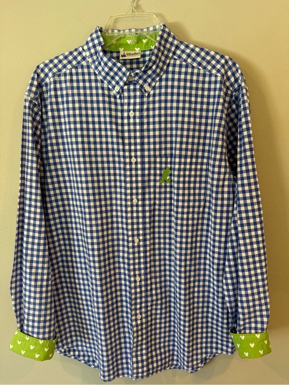 Disney Parks Men's Medium Mickey Mouse Blue Gingham Button Up Shirt Long Sleeve